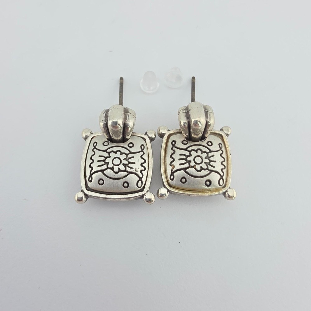 BRIGHTON 'Nicky' Earrings Floral Motif Square Drop Post Etched Silver Plate